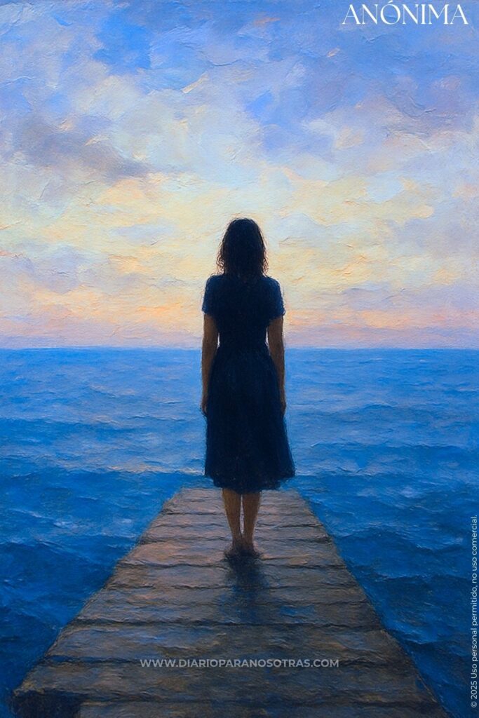 Óleo de una mujer de espaldas mirando el vasto océano al amanecer desde un muelle de madera.r