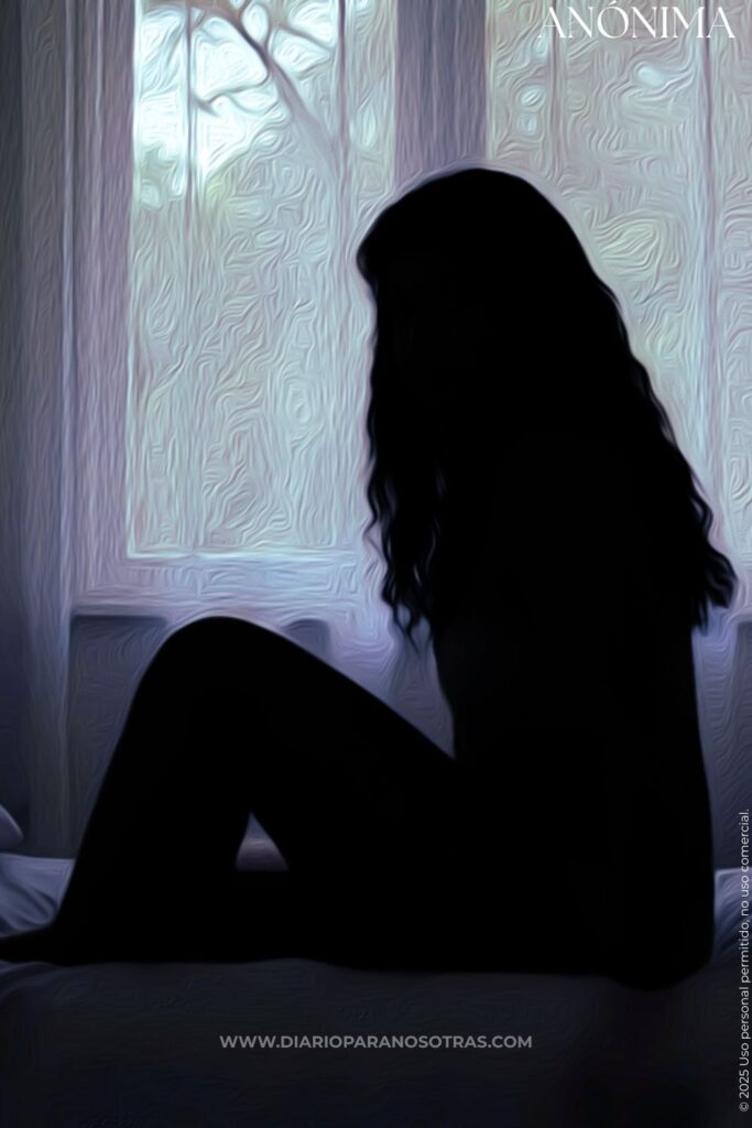 Pintura al óleo de la silueta de una mujer sentada en una cama, mirando por una ventana.