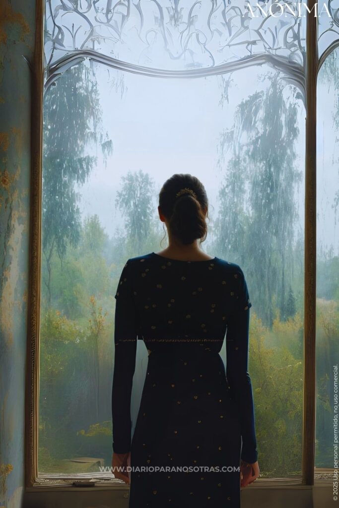 Una mujer de espaldas mirando por una ventana, que representa la soledad y el sufrimiento de ser la otra.