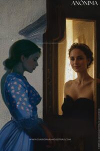 Díptico de dos mujeres. A la izquierda, una mujer de perfil con una bata de flores mira hacia abajo en la penumbra. A la derecha, otra mujer de frente sonríe en un halo de luz.