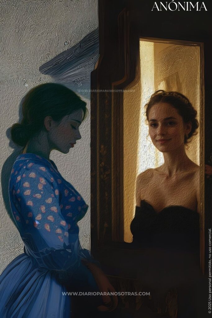 Díptico de dos mujeres. A la izquierda, una mujer de perfil con una bata de flores mira hacia abajo en la penumbra. A la derecha, otra mujer de frente sonríe en un halo de luz.