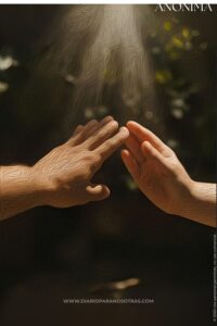 Óleo de dos manos que se tocan suavemente, iluminadas por un rayo de luz que entra por un fondo de árboles borrosos.