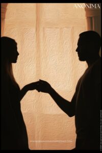 Pintura al óleo de las siluetas de un hombre y una mujer que se toman de la mano y se miran.