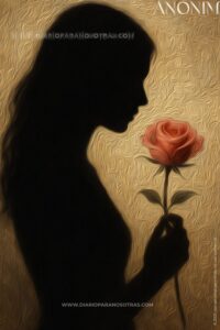 Silueta de una mujer de perfil sosteniendo una rosa de color salmón con su mano izquierda