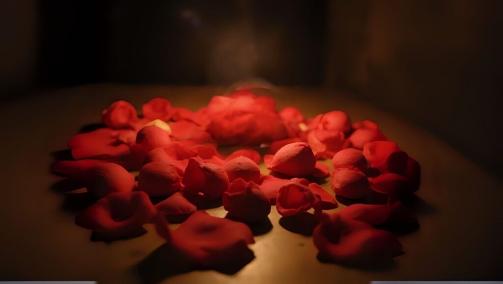 Pétalos de rosa roja esparcidos formando un corazón, reflejando el desamor y la soledad