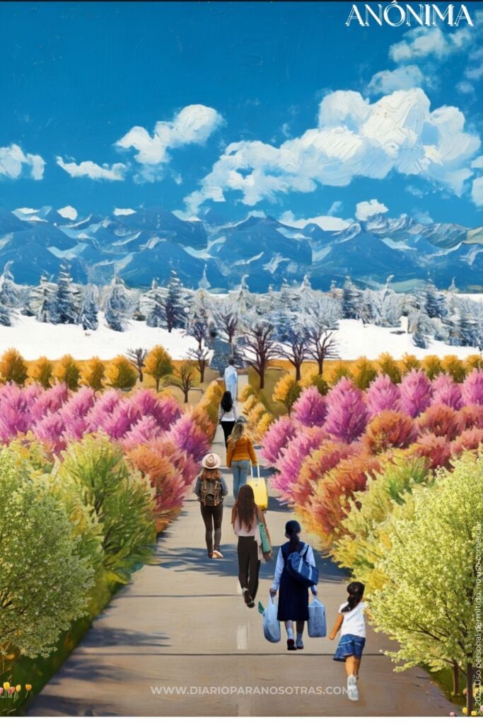 "Mujeres caminando juntas por un camino de flores de primavera dejando atrás montañas nevadas | Comunidad y Superación femenina | Crecimiento personal.