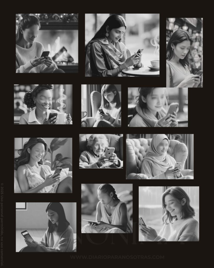 Imagen en blanco y negro de una comunidad de mujeres de diferentes culturas, etnias, paises, mirando telefono y leyendo compartiendo un mismo interes