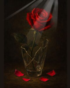 Óleo de una rosa roja en un jarrón de cristal roto, con pétalos caídos sobre un fondo oscuro.
