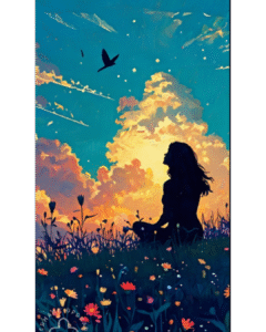 Óleo de una silueta de mujer sentada en un campo de flores, mirando un atardecer de nubes naranjas y azules.