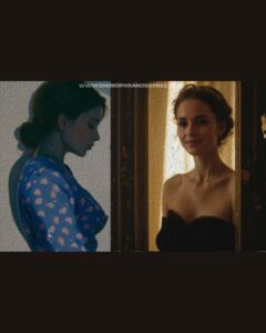 dos mujeres. A la izquierda, una mujer de perfil con una bata de flores mira hacia abajo en la penumbra. A la derecha, otra mujer de frente sonríe en un halo de luz.
