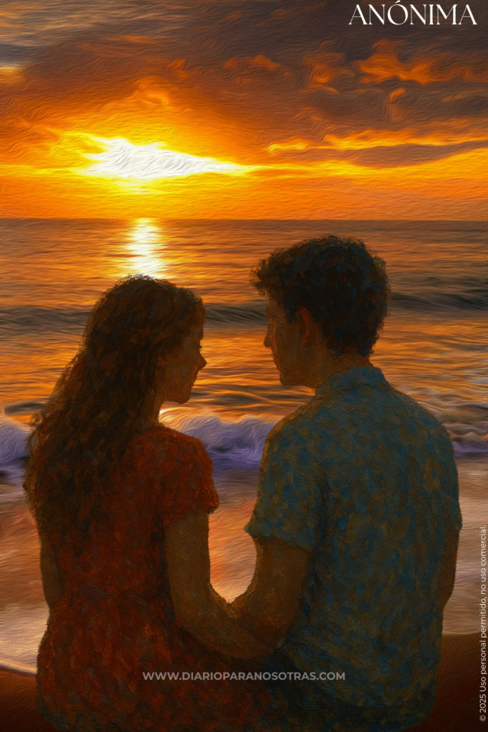 Miradas al Atardecer Primer Amor | Ternura y Conexión en el Atardecer | Anónima Óleo de una pareja en la orilla de la playa mirándose el uno al otro mientras el sol se pone sobre el mar.
