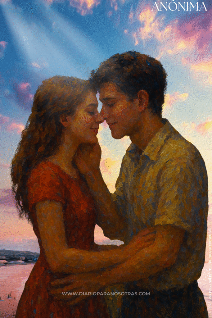 Primer Amor | Ternura y Conexión en el Atardecer | Anónima Óleo de una pareja joven abrazándose con las frentes unidas, mirándose con ternura al atardecer.