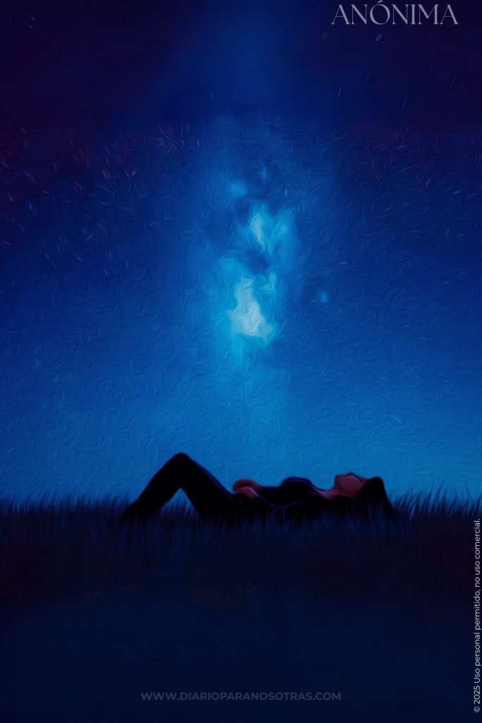 bajo las estrellas Óleo de una pareja de siluetas recostadas mirando un cielo estrellado y azul."