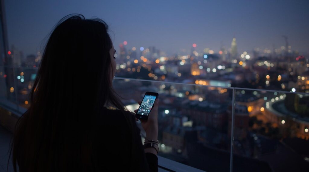 mujer en casa sentada en el balcon mirando la ciudad con el movil en la mano tiene el cabello largo y negro